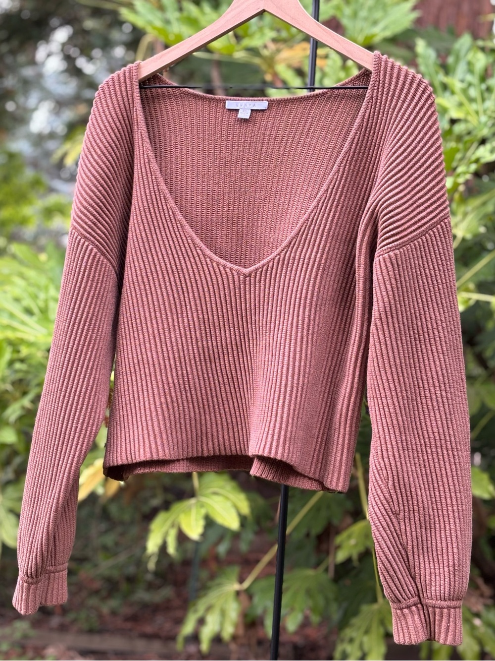 Lunya Reversible Rib Knit Deep V-Neck Sweater in Chocolate Brown | Cotton & Silk